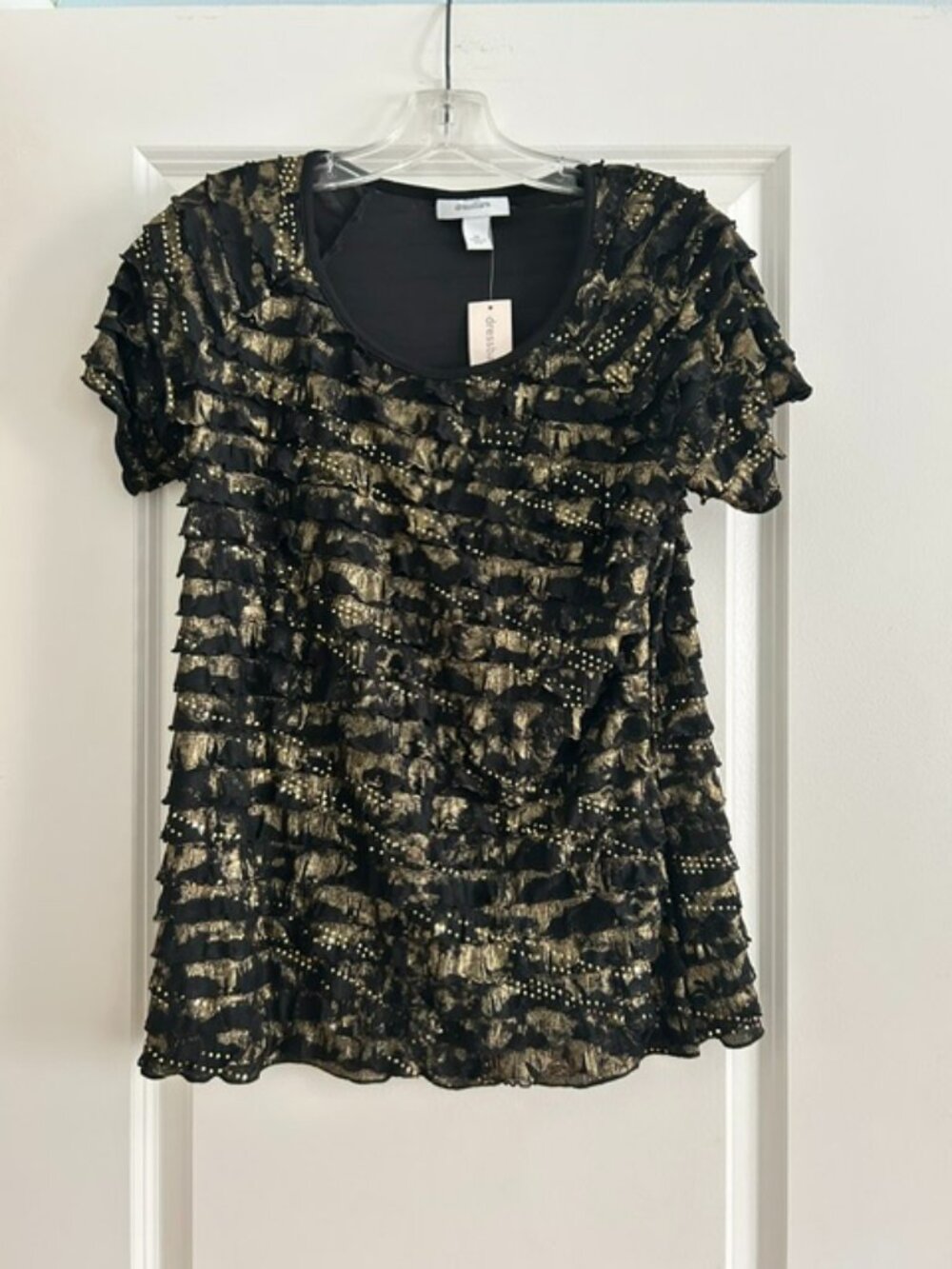 NWT Women's Short-Sleeve Blouse Metallic Gold & Black Ruffles, Size 10